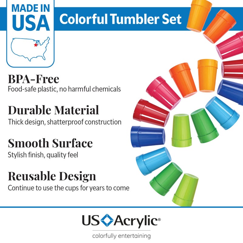 US Acrylic Spectrum Unbreakable Plastic 10 ounce Stackable Juice Tumblers in 8 Assorted Colors | Set of 16 Kids Drinking Cups | Reusable, BPA-free, Made in the USA, Top-rack Dishwasher Safe - Image 5